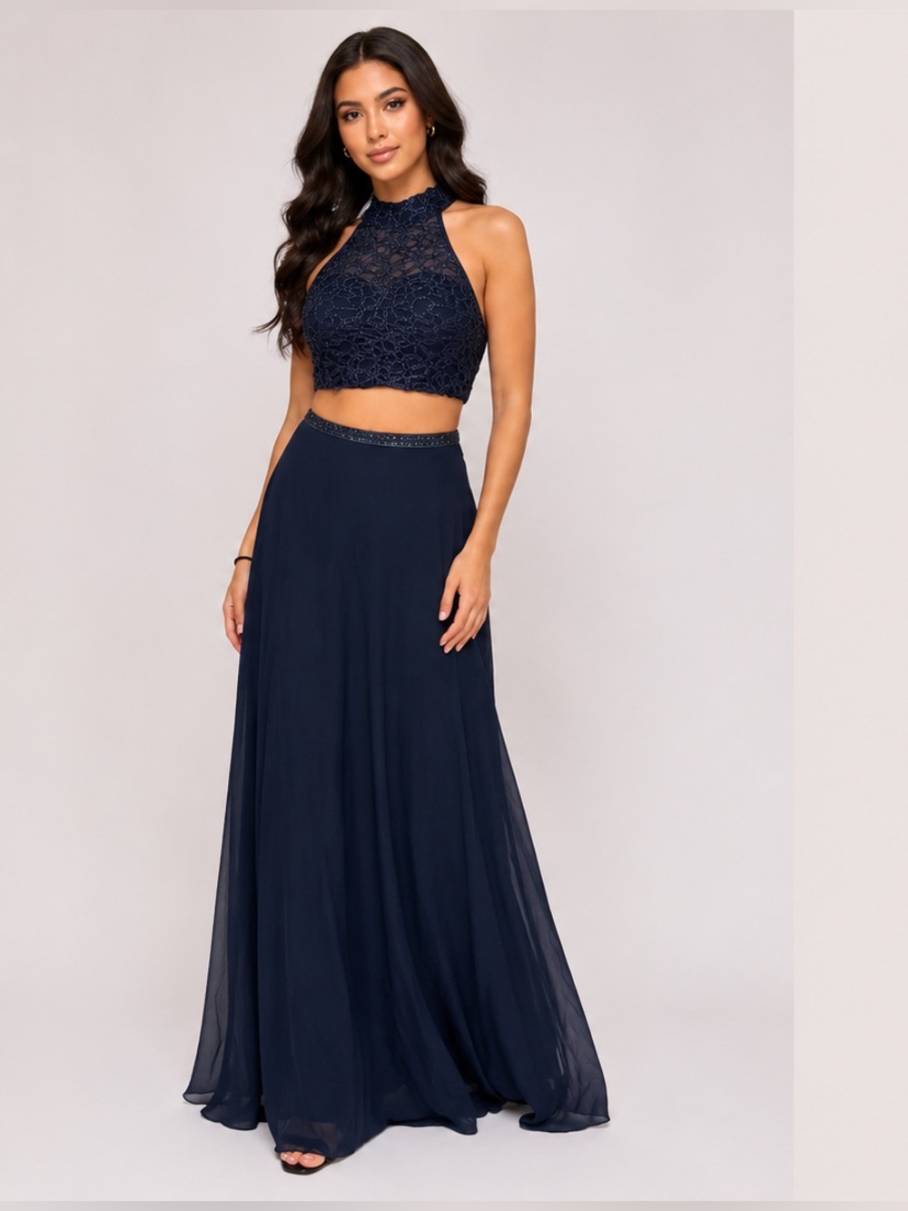 Navy Two-Piece Lace Halter Crop Top & Flowing Skirt